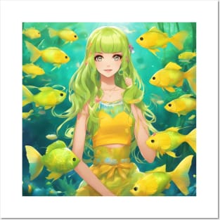 anime girl  collorfull with fish manga Posters and Art